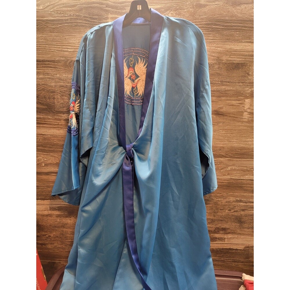 Vintage Asian Bird Hand Embroidered 100% Silk Blue Kimono Silk Robe Sz XL